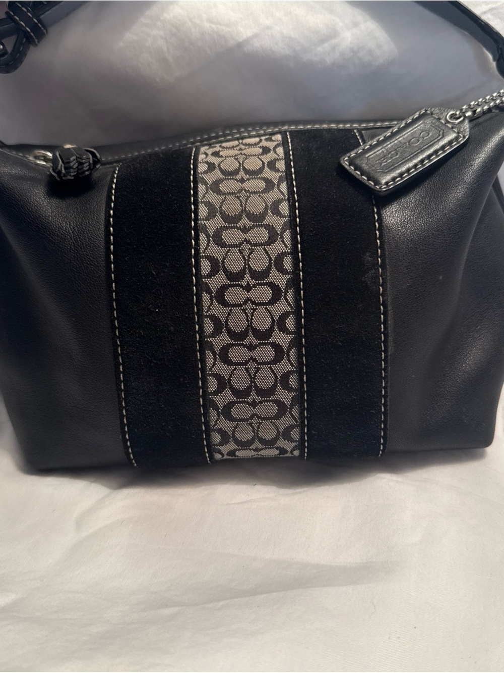 Vintage Y2K Coach Black Leather Mini Hobo Bag with Signature C Stripe